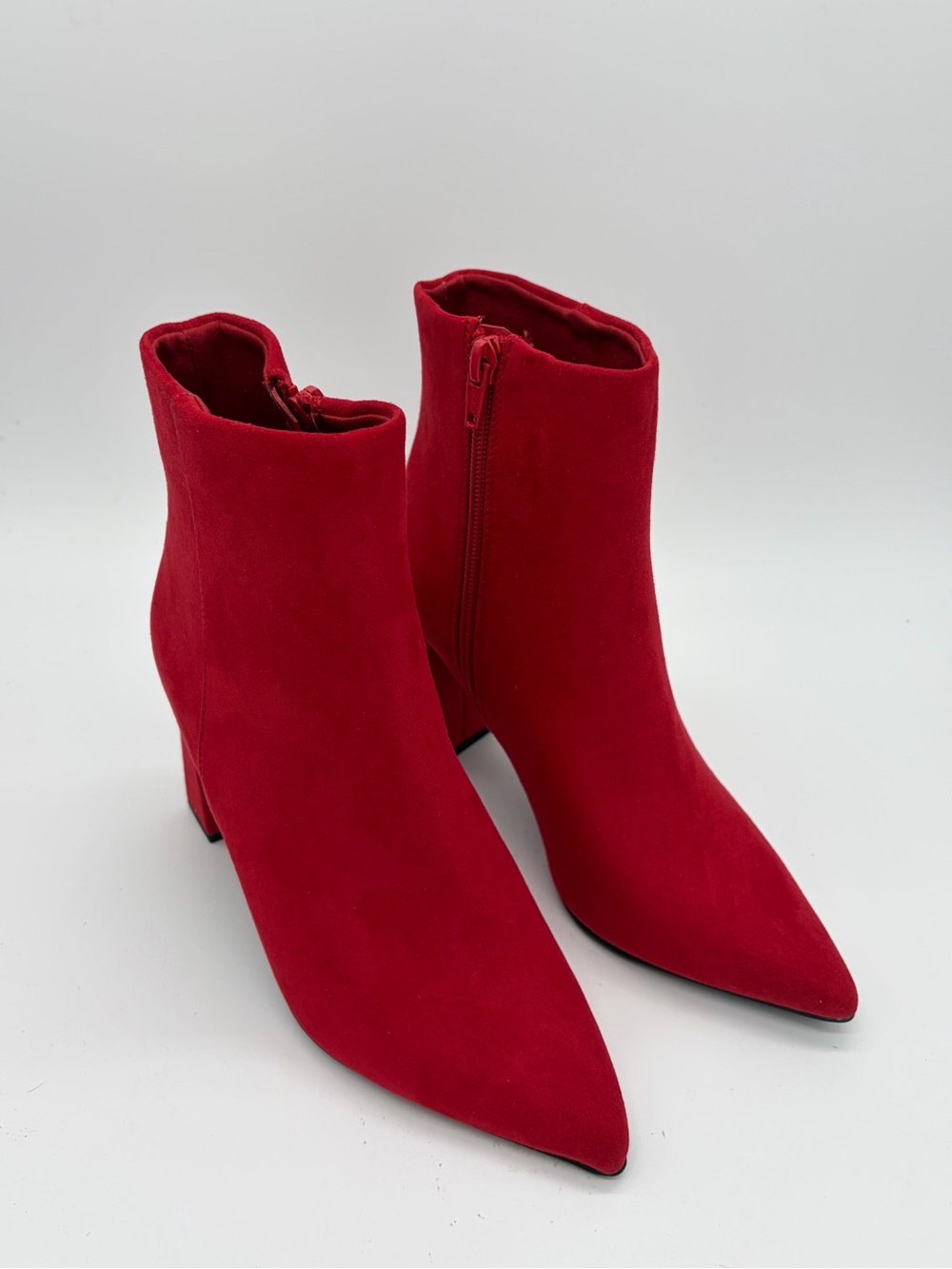 Pointed Toe Red Suede Ankle Booties with Side Zip